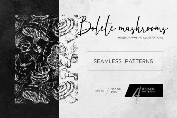 Inky Bolete Mushrooms. Seamless Patterns