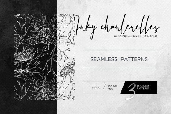 Inky Chanterelles. Seamless Patterns