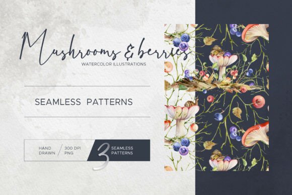 Mushrooms Berries. Seamless Patterns