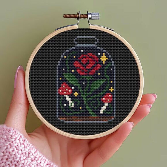 Rose in Magic Jar Cross Stitch PDF Pattern: A Romantic and Mystical Mini Masterpiece