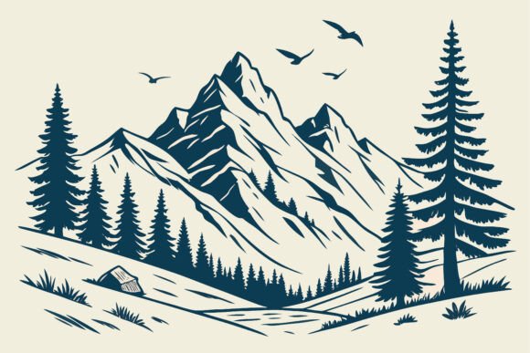 Serene Mountains with Pines and Birds: A Timeless Illustration for Modern Creativity
